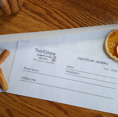 Certificat cadeau personnalisé disponible en boutique